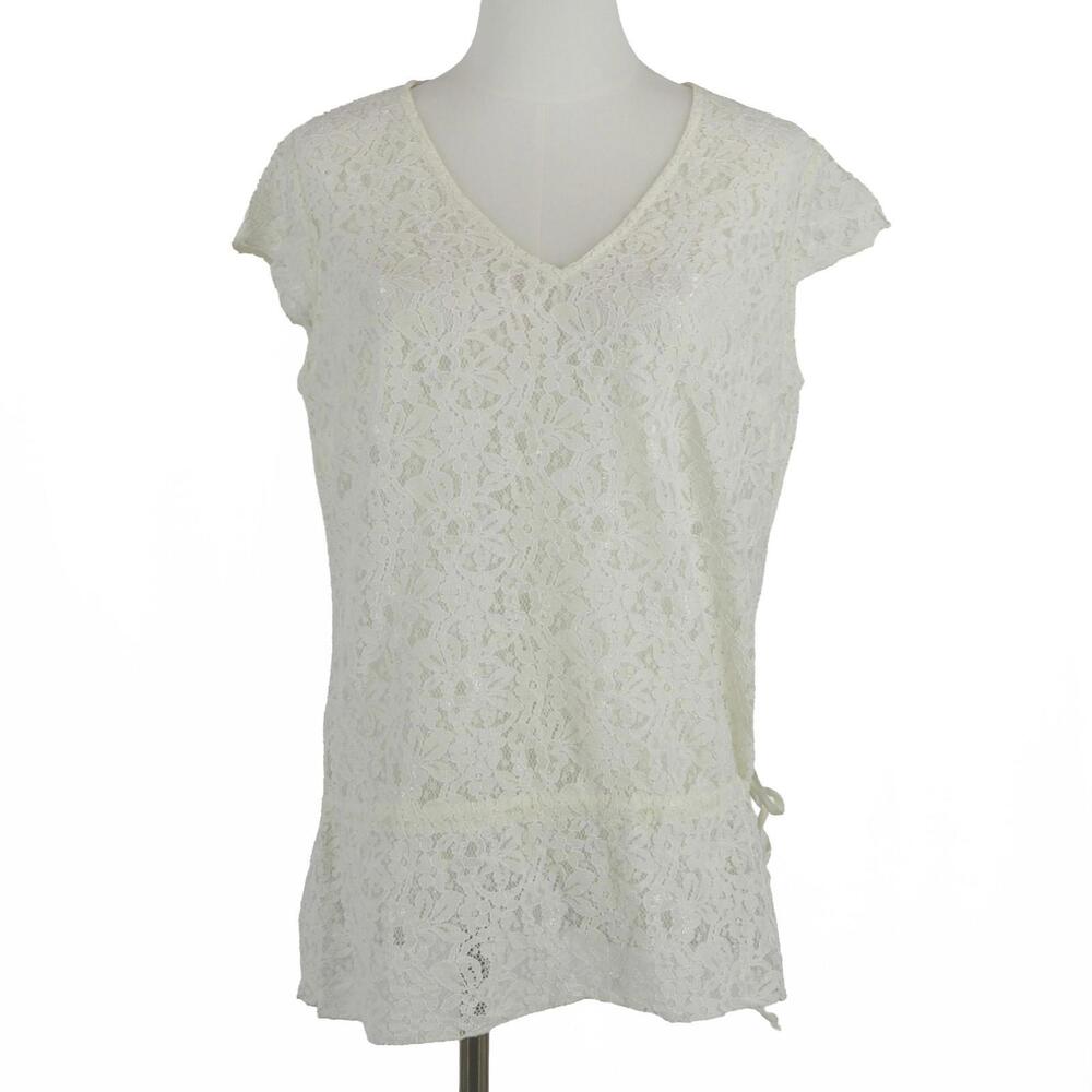 VTG Tapemeasure Ivory Floral Lace Tunic Top Women’s Large – Sheer Lace, V-Neck